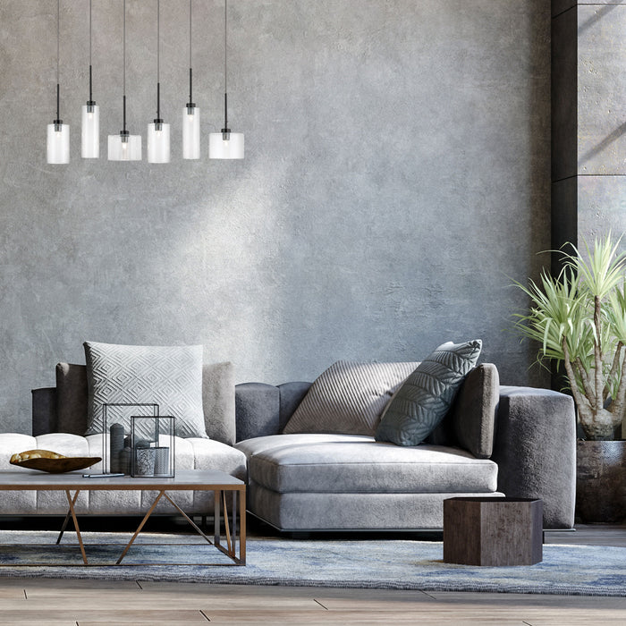 Dainolite Industrial Chic 6 Light Horizontal Pendant Matte Black Finish Clear Glass Lamp