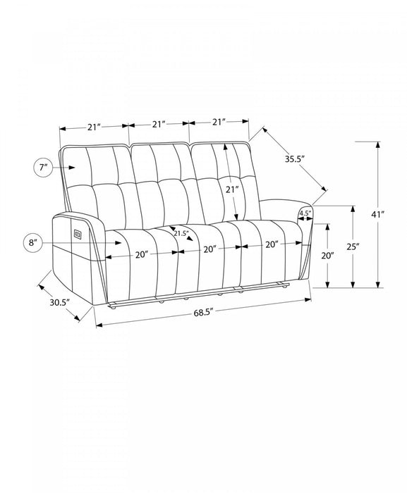 MONARCH SPECIALTIES  3-SEATER POWER RECLINING SOFA, 70\" WIDE, USB PORT INCLUDED, BEIGE FABRIC RECLINER