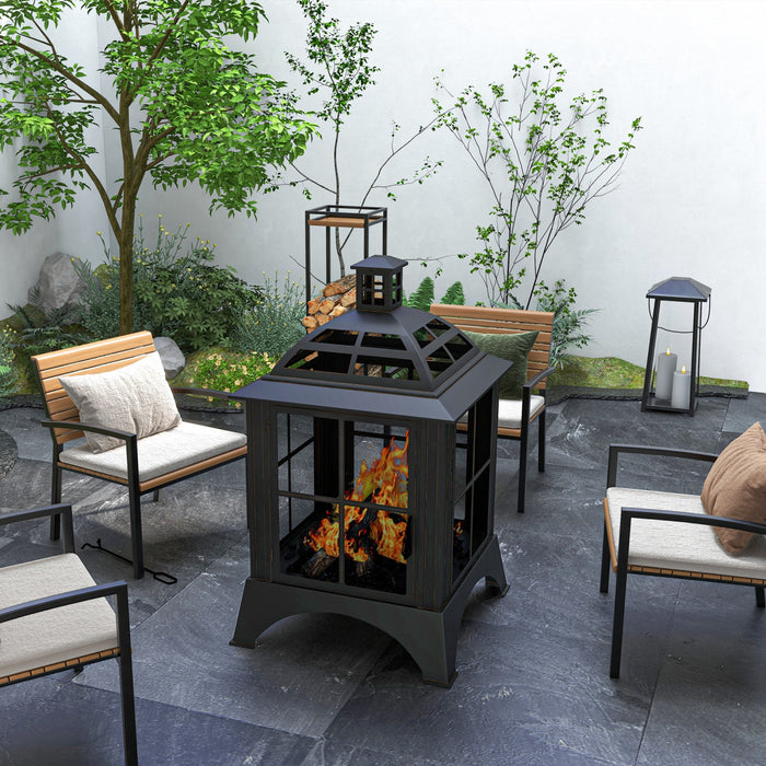 Outsunny 28\" Fire Pit With Poker, Chimney Style Wood Burning Firepit, Black
