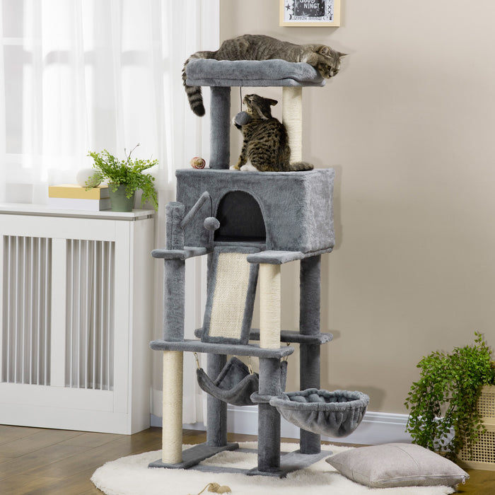 Pawhut 55\" Cat Tree For Indoor Cats, Cat Tower, Kitty Activity Center With Cat Bed Ramp Condo Hammocks Hanging Ball Toys Sisal Rope Scratching Post, Grey