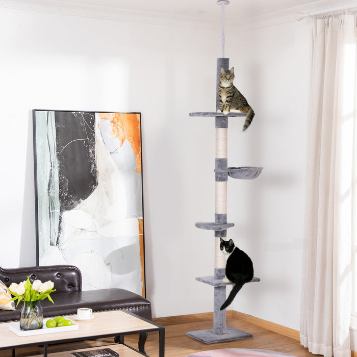 Pawhut 8.5ft Cat Climbing Tree 5-tier Kitty Activity Center Floor-to-ceiling Cat Climber Toy With Scratching Post Play Rest Post Pet Furniture Grey
