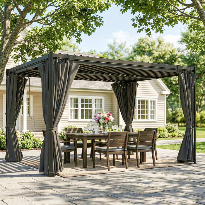Outsunny 10 x 13 ft Outdoor Louvered Pergola with Steel Roof, Curtains, Grey