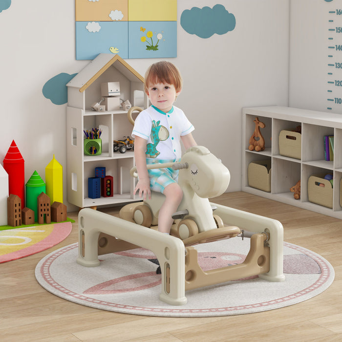 Qaba 5 In 1 Rocking Horse For Toddlers 1-6 Years, Baby Spring Rocking Horse Toy With Detachable Balance Board, Push Handle, 4 Smooth Wheels, Support To 66 Lbs, Hdpe Ride On Toy