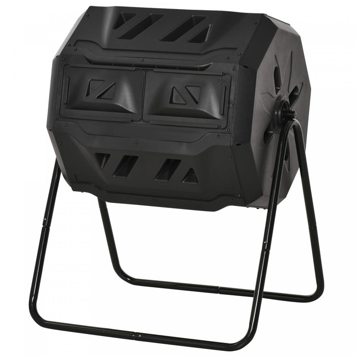 Outsunny 43 Gallon (160l) Tumbling Compost Bin Outdoor Dual Chamber 360° Rotating Composter With Sliding Doors, Solid Steel Frame And Gloves, Black
