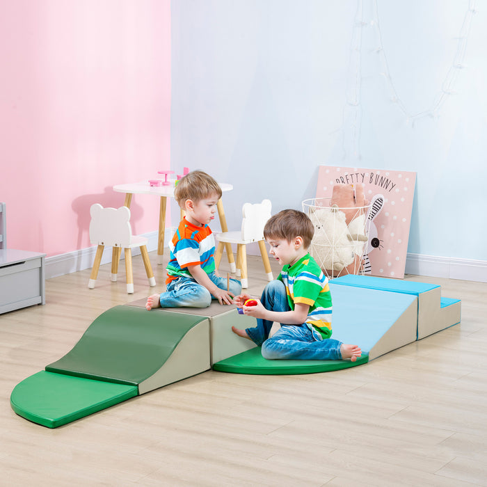Qaba Kids Soft Play Set, 6-piece Foam Blocks Set For Toddlers To Climb, Crawl, Slide, Safe Indoor Play Equipment For Kids 12-36 Months, Blue, Green