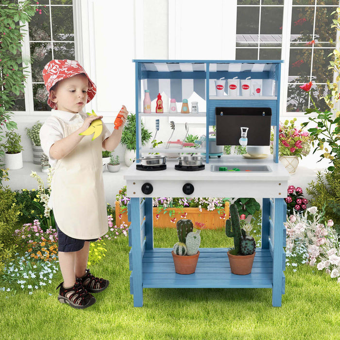 Costway 2-in-1 Wooden Mud Kitchen With Canopy Removable Sink Water Box Faucet Sound Effect