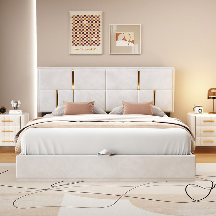 Joyce Upholstered Platform Bed With Hydraulic Storage And Velvet Frame,queen Size,beige Queen Bed