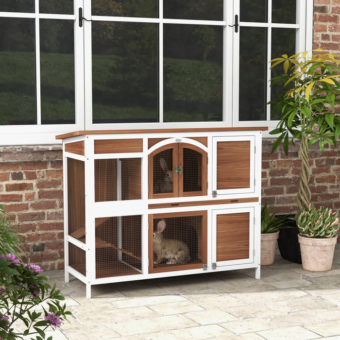 PawHut 49\"L Wooden Rabbit Hutch, Two Story Bunny Cage with Ramp, Divider, Indoor Outdoor Guinea Pig Cage with Openable Roof and Slide-Out Tray, Brown