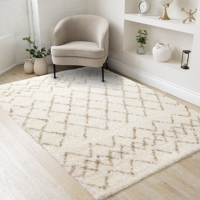 Taylor Cream Brown Lattice Shag Rug, 6'7\" x 9'6\" Indoor Area Rug