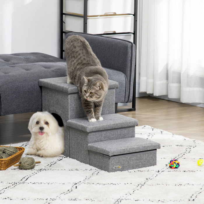 Pawhut Multifunctional Dog Stairs With Storage Boxes And Condo, 3-step Pet Stairs For High Beds And Couch With Washable Plush Cushion, Light Grey