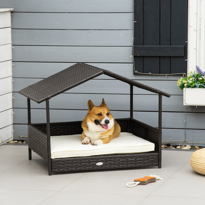 Pawhut Elevated Rattan Dog Bed Pet Home Indoor Outdoor Wicker Dog Cot Dog House Pet Furniture Sofa Bed With Padded Cushion And Roof Shelter Cream White