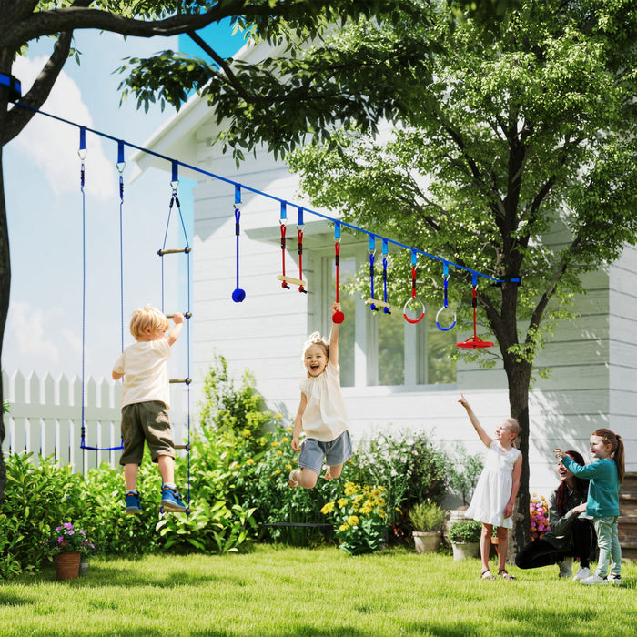 Qaba 32.8ft Ninja Zipline, Slackline Warrior Obstacle Course for Kids with Monkey Bars, Swing, Climbing Ladder, Gym Rings, Gripping Balls, Hanging Tray, for Backyard Outdoor Garden