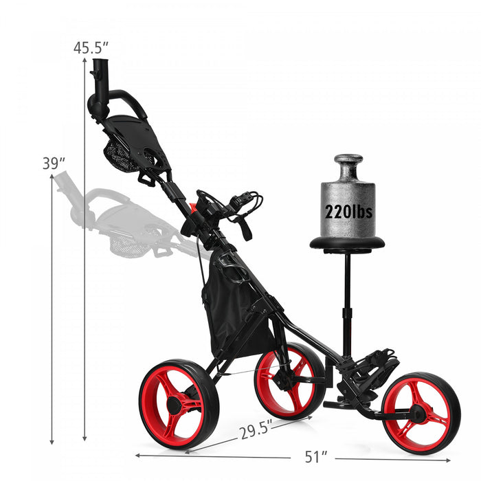 Goplus Folding 3 Wheels Golf Push Cart W/seat Scoreboard Adjustable Handle Red