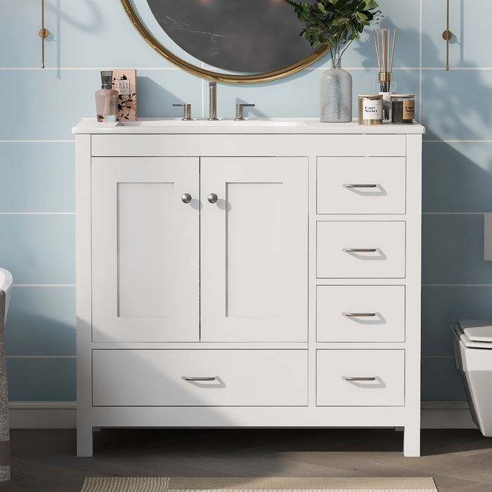 Andrew 36\" Solid Wood Bathroom Vanity With Ceramic Sink And Storage Cabinet - White