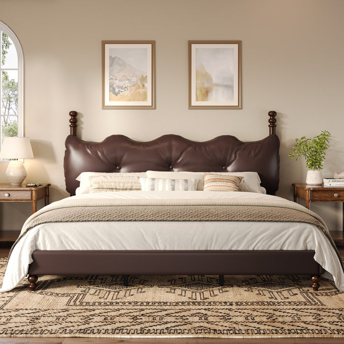 Emma Faux Leather Platform Bed Frame with Headboard,California King Size,Dark Brown King Bed