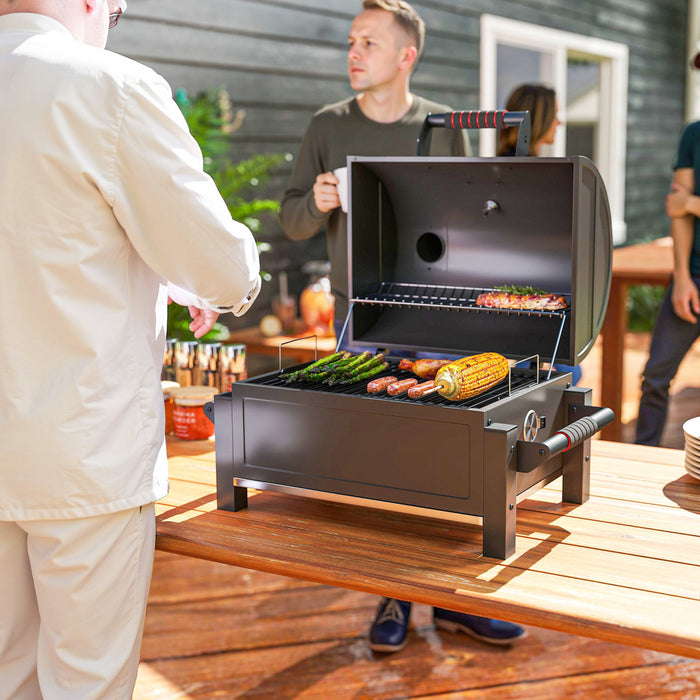 Outsunny Charcoal Smoker with 235 sq.in. Cooking Area, Tabletop Outdoor Barbecue with Ash Catcher and Built-in Thermometer for Patio, Backyard, Camping, Picnic, Black
