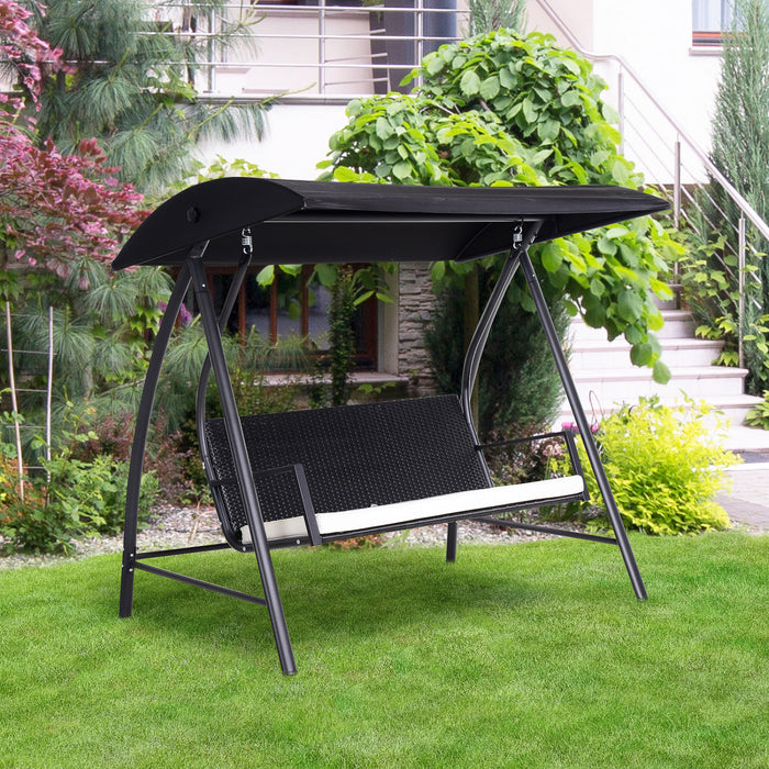 Outsunny Wicker Patio Swing With Stand For 3 Persons, Outdoor Swing Chair, Glider Loveseat W/ Adjustable Canopy, Cushions, Beige