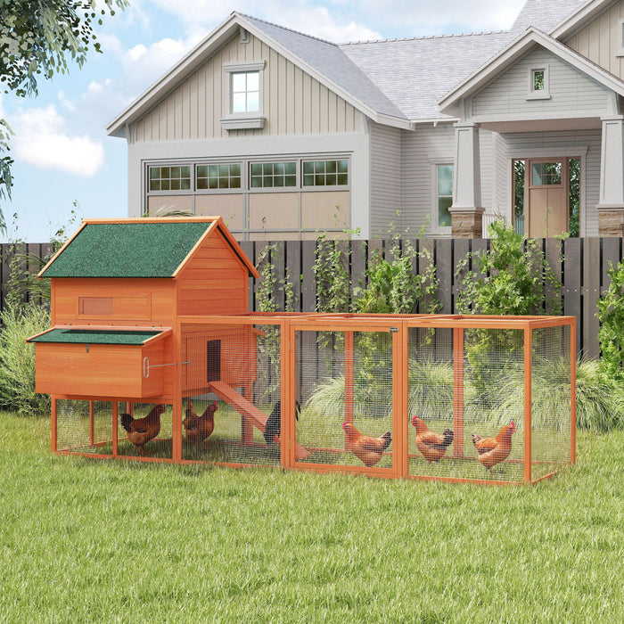 PawHut 137\"L Chicken Coop, Wooden Large Hen House with Chicken Run, Nesting Box, Poultry Cage for Outdoor, Backyard, Orange