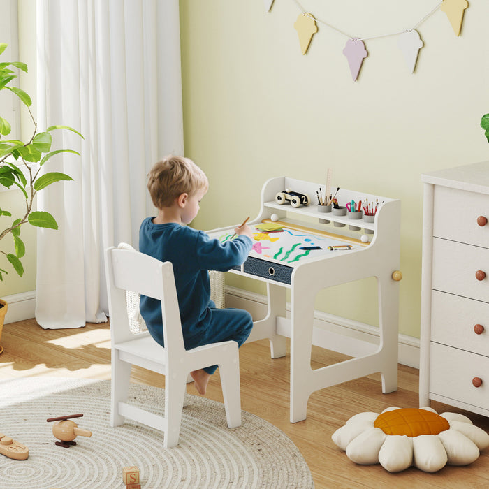 Qaba Kids Desk and Chair Set, Art Table and Chair Set for kids with Hutch & Drawers, Student Writing Table for 3-8 Year Old, Bedroom, Study Room, Nursery