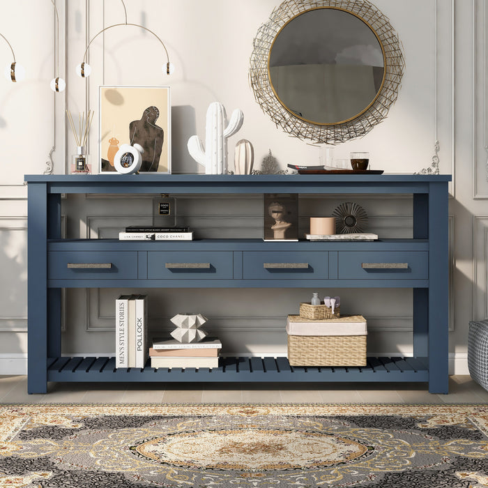 Ava 62.2'' Large Entryway Table with Drawers and Open Shelves,Navy Blue Sofa Table