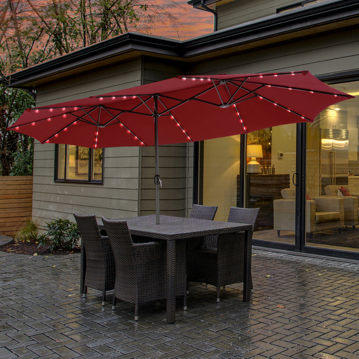 Costway 15FT Twin Patio Double-Sided Umbrella 48 Solar LED Lights Crank Outdoor Wine