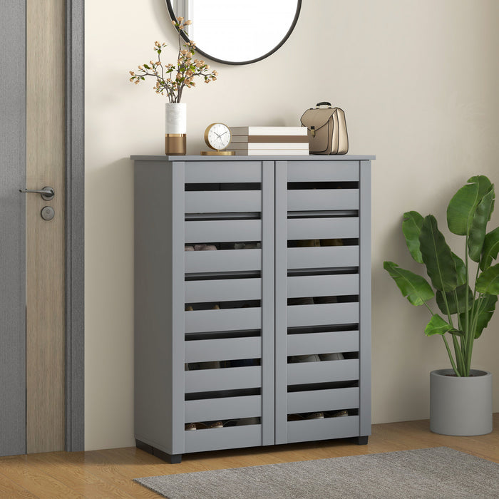 HOMCOM Slim Shoe Cabinet with 2 Slatted Doors for 15 Pairs of Shoes Grey