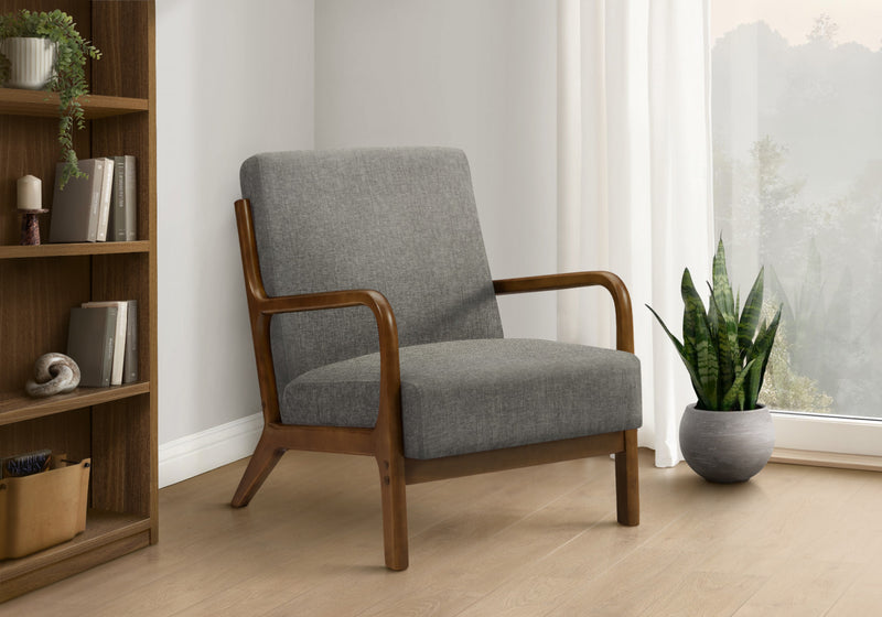 Monarch Specialties - Accent Chair, 34\"H, Upholstered, Living Room, Bedroom, Grey Fabric, Brown Walnut Wood