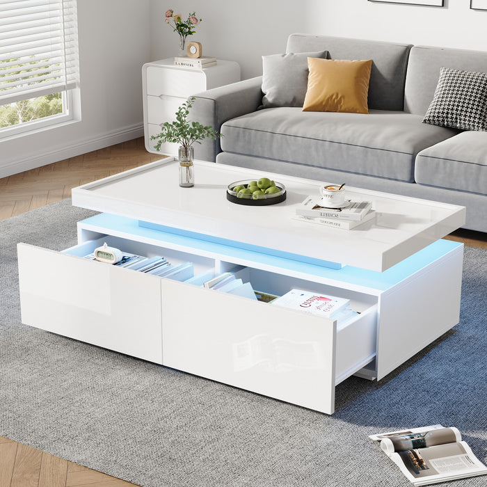 Aiden LED Coffee Table with Storage Drawers and App-Controlled Lighting,White
