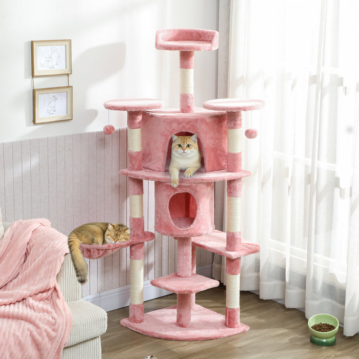 PawHut Cat Tree, 62\" Multi-Level Cat Tower with Scratching Posts, 2 Condos, Hammock, Perches, Plush, Pompoms, for Indoor Kittens Playing, Resting, Sleeping, Pink