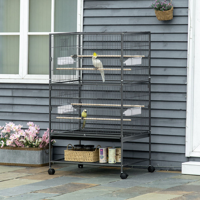 Pawhut 52\" Large Rolling Steel Bird Cage Bird House With Rolling Stand, Storage Shelf, Wood Perch, Food Container, Dark Grey