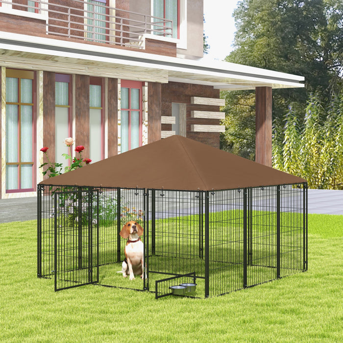 Pawhut Dog Run, 6.9' X 6.9' X 5' Outdoor Dog Kennel With Canopy, Rotating Bowls, Door For Backyard & Garden, Coffee