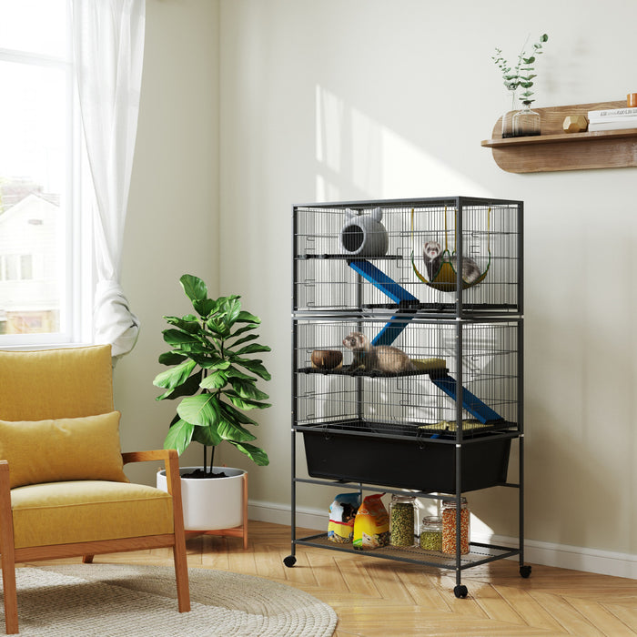 PawHut 59\"H 5-Level Ferret Chinchilla Rabbit Guinea Pig Cage, Metal Small Animal Critter Nation Cage with Slide Out 6.3L Deep Tray, Non-Slip Ramps, Hammock, for Pet Mink, Squirrel