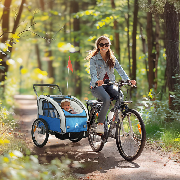 Aosom 2-Seat Bike Trailer for Kids, 2-in-1 Baby Stroller Bicycle Trailer 88 lbs Load with 5-Point Harness, Rubber Wheels, Storage, Safety Flag, Reflectors, Foldable Frame, Blue