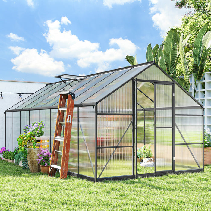 Outsunny Polycarbonate Greenhouse, Aluminum Walk-in Green House, Dark Grey