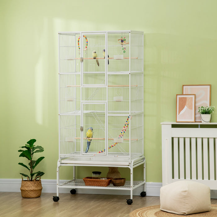Pawhut 71\" Bird Cage, 3 Tier Large Parrot Cage With Wheels, Perches, Ramp, Storage Shelf, Toys For Canaries, Finches, Cockatiels, Parakeets, White