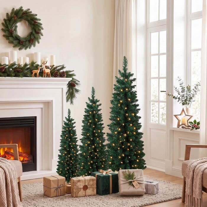 HOMCOM Artificial Pencil Christmas Tree Set of 3, PVC Tips, 3/4/5 ft, Green
