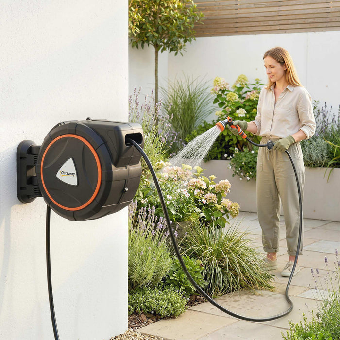Outsunny Retractable Garden Hose Reel, 1/2\" x 92ft Wall Mounted Hose Reel with 12-Pattern Nozzles, Auto Retraction, Self-Locking, Slow Return System, 180° Swivel Bracket