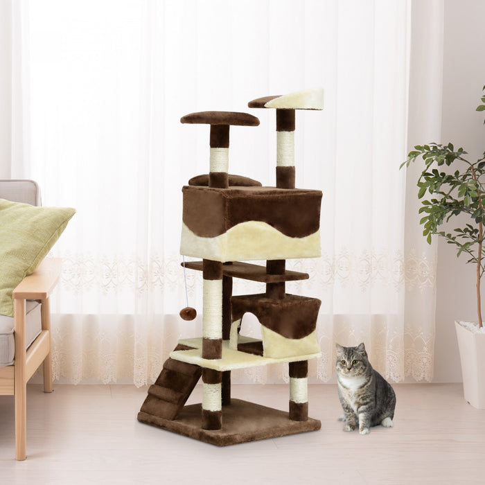 Pawhut 52\" Cat Tree Tower, Large Cat Condo Furniture Multi-level Activity Center With Scratching Posts, Perches, Ramp, Dangling Balls - Coffee