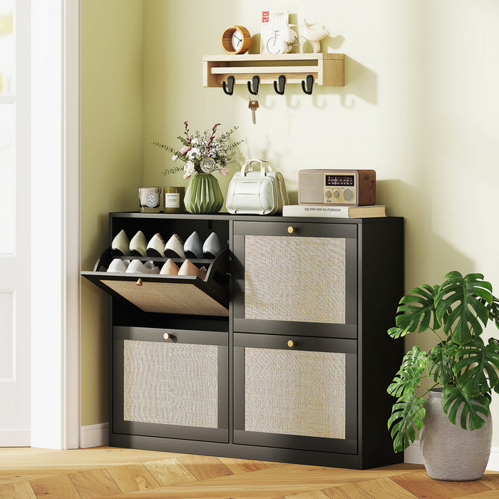 HOMCOM Narrow Shoe Cabinet with 4 Flip Drawers for Entryway Hallway Black
