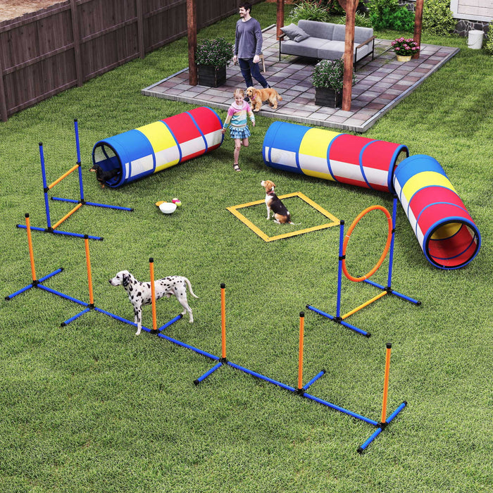 PawHut Dog Agility Training Equipment, 11-Piece Dog Obstacle Course with Adjustable Hurdle & Ring, 3 Tunnels, Weave Poles, Pause Box, Treat Bag, Bowl and Bag for Indoor Outdoor Use