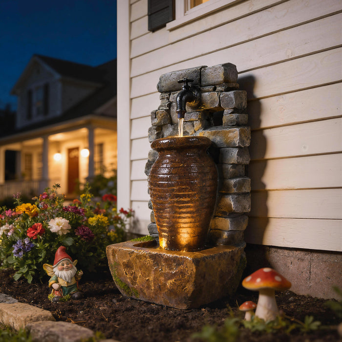 Outsunny Outdoor Water Fountain with LED Lights , Rustic