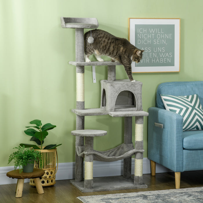 Pawhut Tall Cat Tree For Indoor Cats, 57\" Multi-level Cat Tower With Hammock, Cat Bed, Cat Condo With Sisal Scratching Posts, Grey