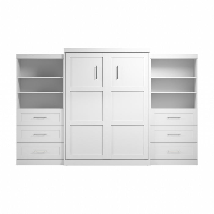 Bestar Pur Queen Murphy Bed and Two Shelving Units with Drawers (136 W) - White