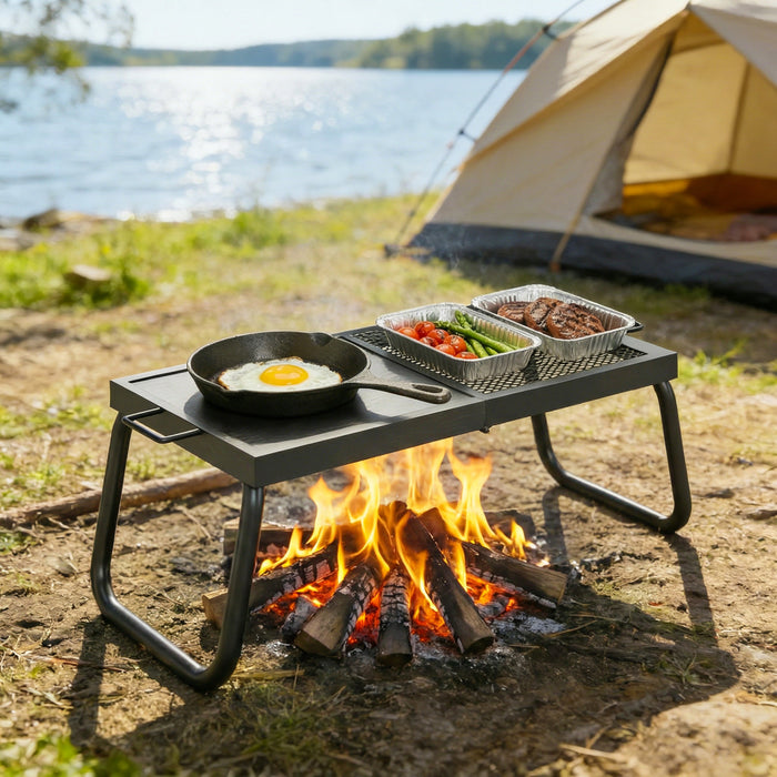 Outsunny Folding Campfire Grill, Heavy Duty Steel Mesh, Portable Camping Grate with Carry Bag, Outdoor Fire Cooking Equipment, Black