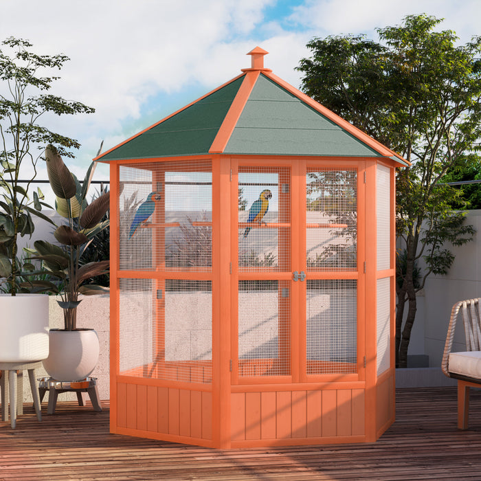 Pawhut Bird Cage, 70\"h Wooden Parrot Cage, Large Hexagonal Outdoor Aviary With Asphalt Roof, Doors, Brown