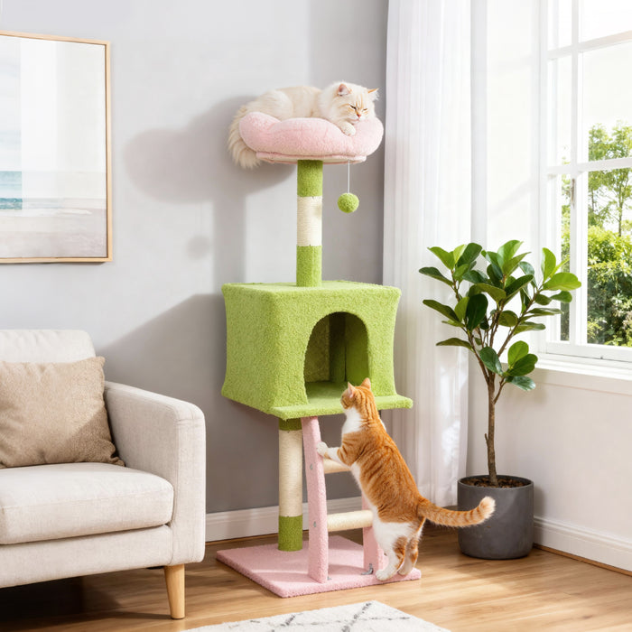 PawHut Flower Cat Tree, 48\" Cat Tower for Indoor Large Kitty with Scratching Post, Cozy Bed, Condo, Climbing Ladder, Perch, Dangling Ball, Multi-Level Kitten Activity Center