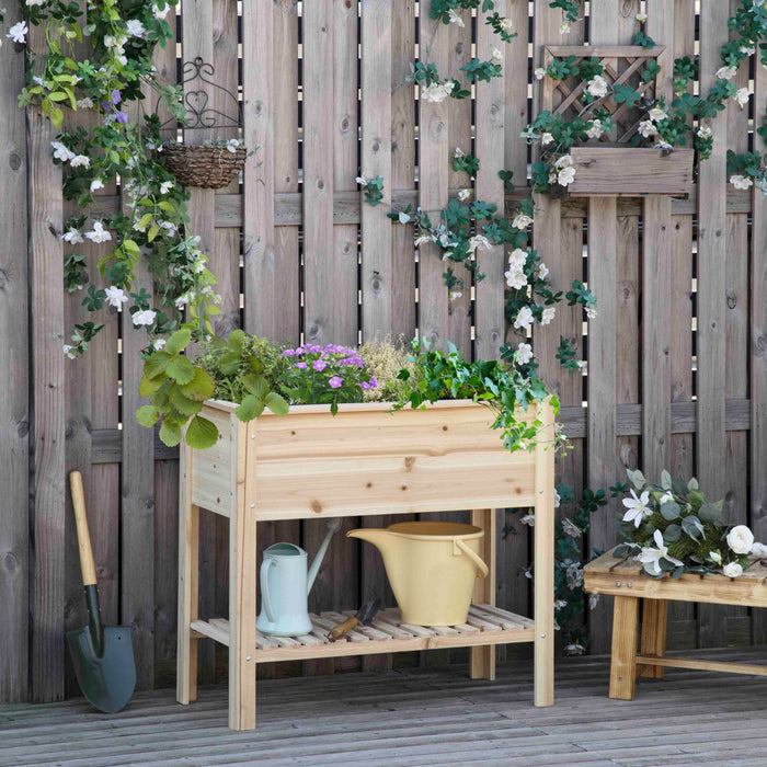 Outsunny Wooden Raised Garden Bed Standing Elevated Planter Box With Storage Shelf For Flowers, Vegetables, And Herbs, 36\" X 16\" X 32\", Natural