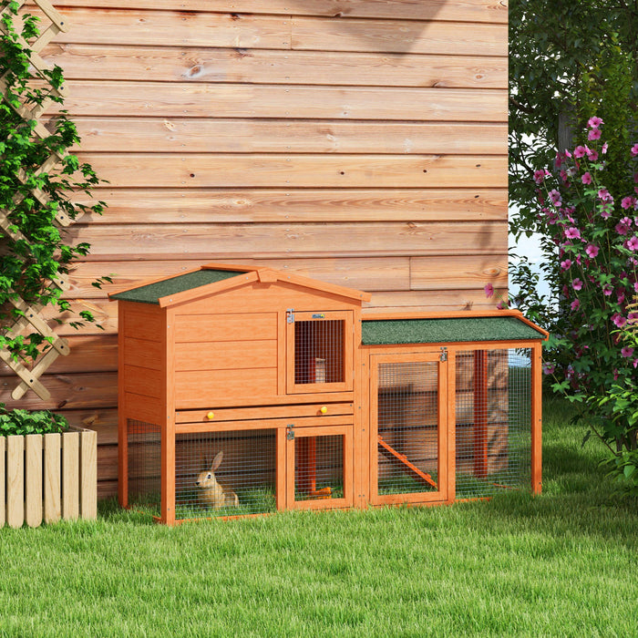 PawHut Two-Level Rabbit Hutch Small Animal House Pet Bunny Cage Home w/ Outdoor Run Water & UV Resistant Roof Access Ramp Natural Finish Guinea Pig Bunny Hamster Habitat, Orange