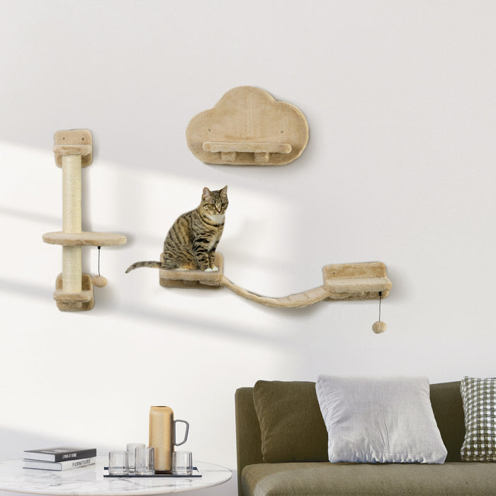 Pawhut Cat Wall Shelf With Scratching Post, Cloud-shaped Jumping Platform, Cat Wall Shelves For Relaxing, Sleeping, Climbing, Cat Wall With Soft Ladder And Play Balls, Beige