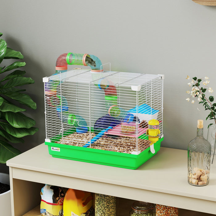 PawHut 18\"L Hamster Cage, Small Animal House, 2-Level Rat Gerbil Haven with Tunnel Tube System, Exercise Wheel, Water Bottle, Food Dish, Ramp, Green
